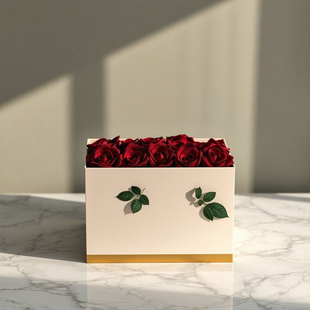 Luxury flower box with deep red roses on a marble surface, premium velvet texture, minimalist background, elegant lighting, high detail, commercial photography