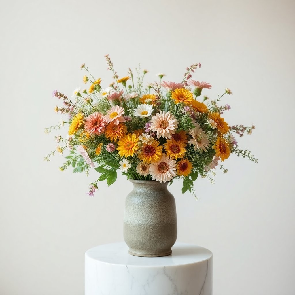Seasonal wild meadow flowers bouquet in a rustic vase on a white marble pedestal, airy atmosphere, minimalist background, soft pastel colors, high detail, commercial photography