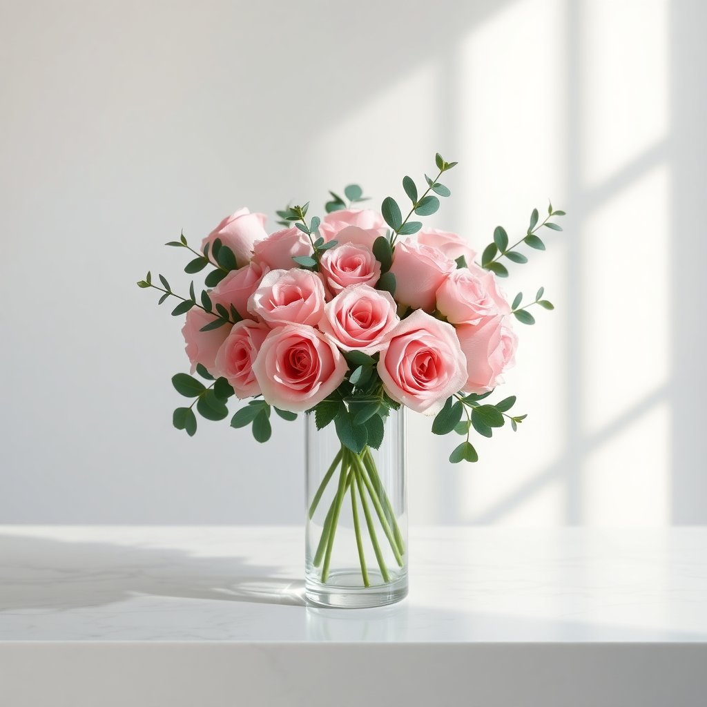 Elegant luxury bouquet of roses and eucalyptus in a glass vase on a marble surface, minimalist background, soft natural lighting, pastel colors, high detail, commercial photography