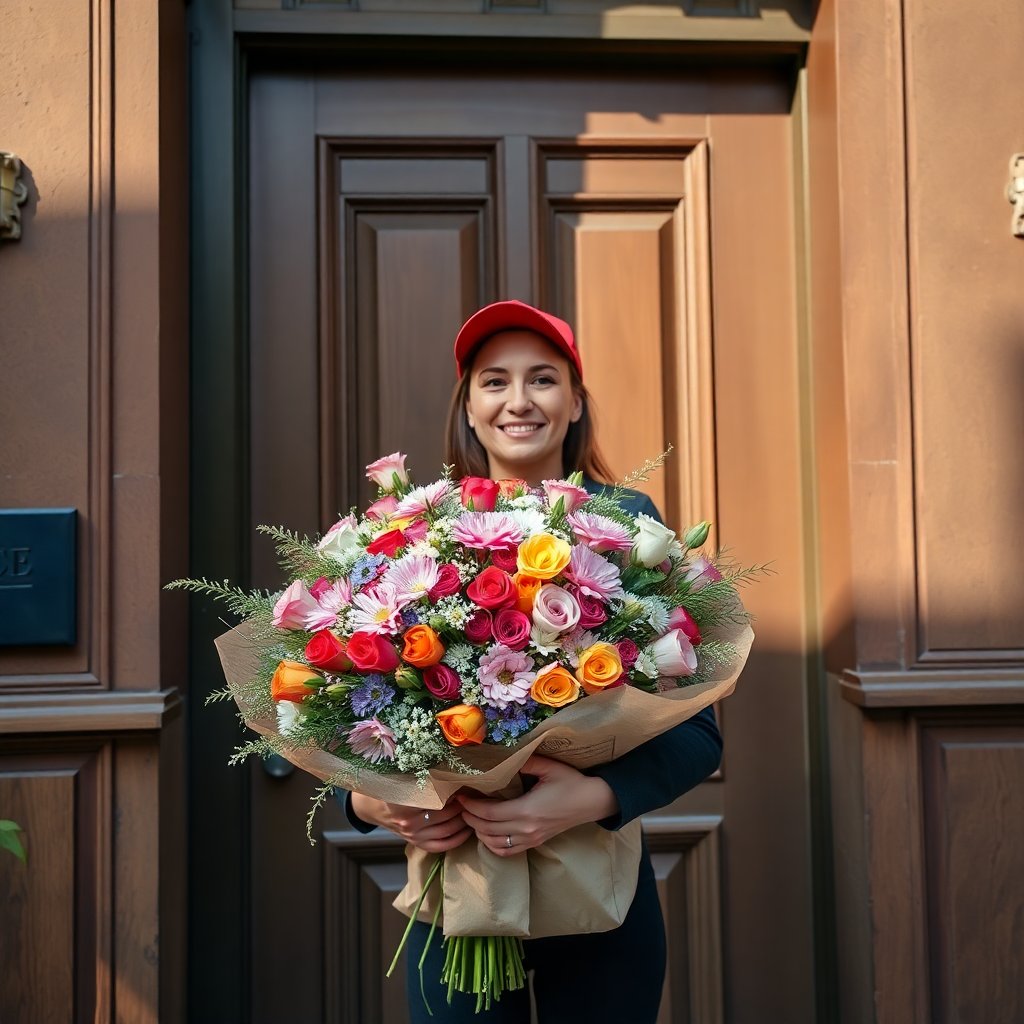 Friendly delivery person holding a large beautiful bouquet at a stylish wooden door, sunny day in Prague street, professional look, cinematic lighting, high quality photo
