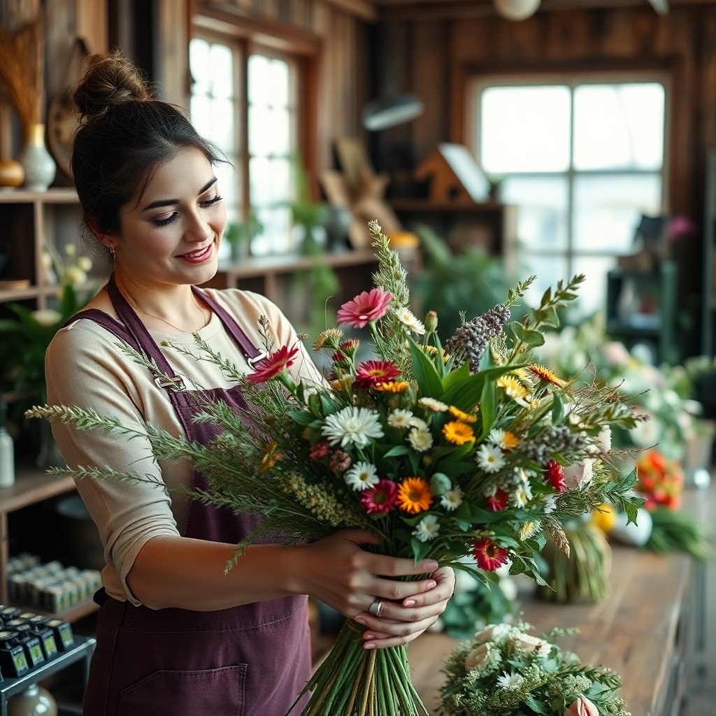 Professional florist woman arranging a wild organic bouquet in a rustic chic flower shop, wooden textures, vintage atmosphere, soft focus, 8k