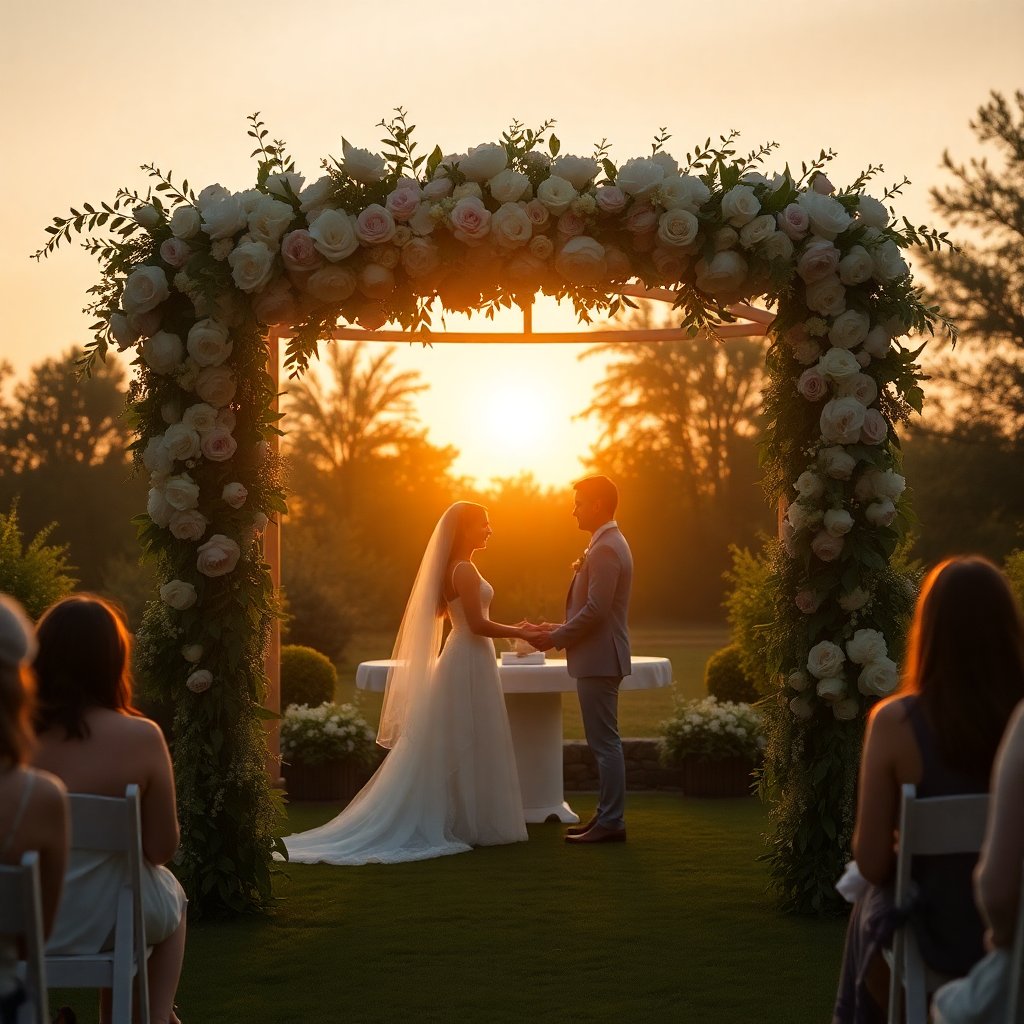 Dreamy outdoor wedding ceremony in a garden, floral arch with peonies and roses, boho chic style, golden hour lighting, cinematic, 8k