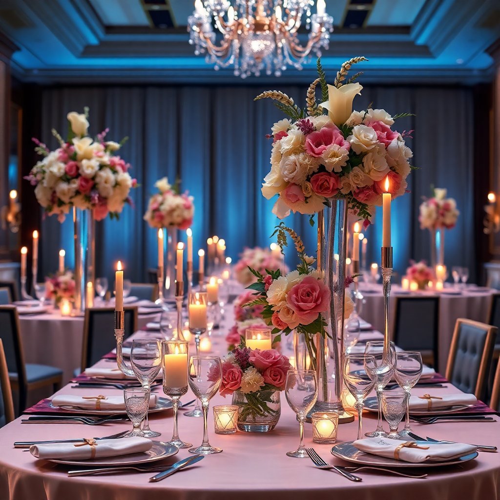 Luxury dinner table setup with tall floral centerpieces, candles, crystal glasses, elegant atmosphere, 8k